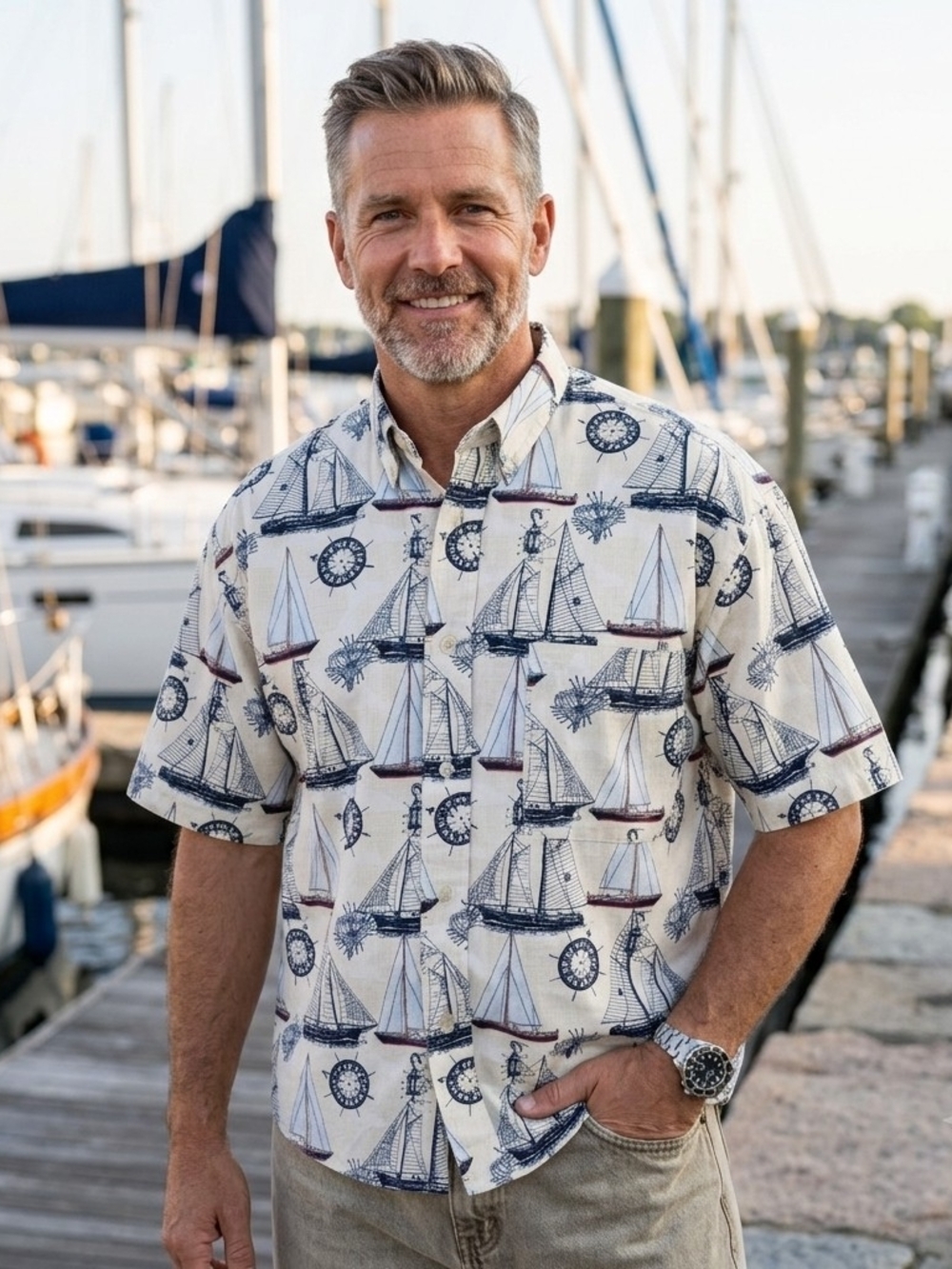 Men's Nautical Print Short-Sleeve Button-Down Shirt - Cream/Blue